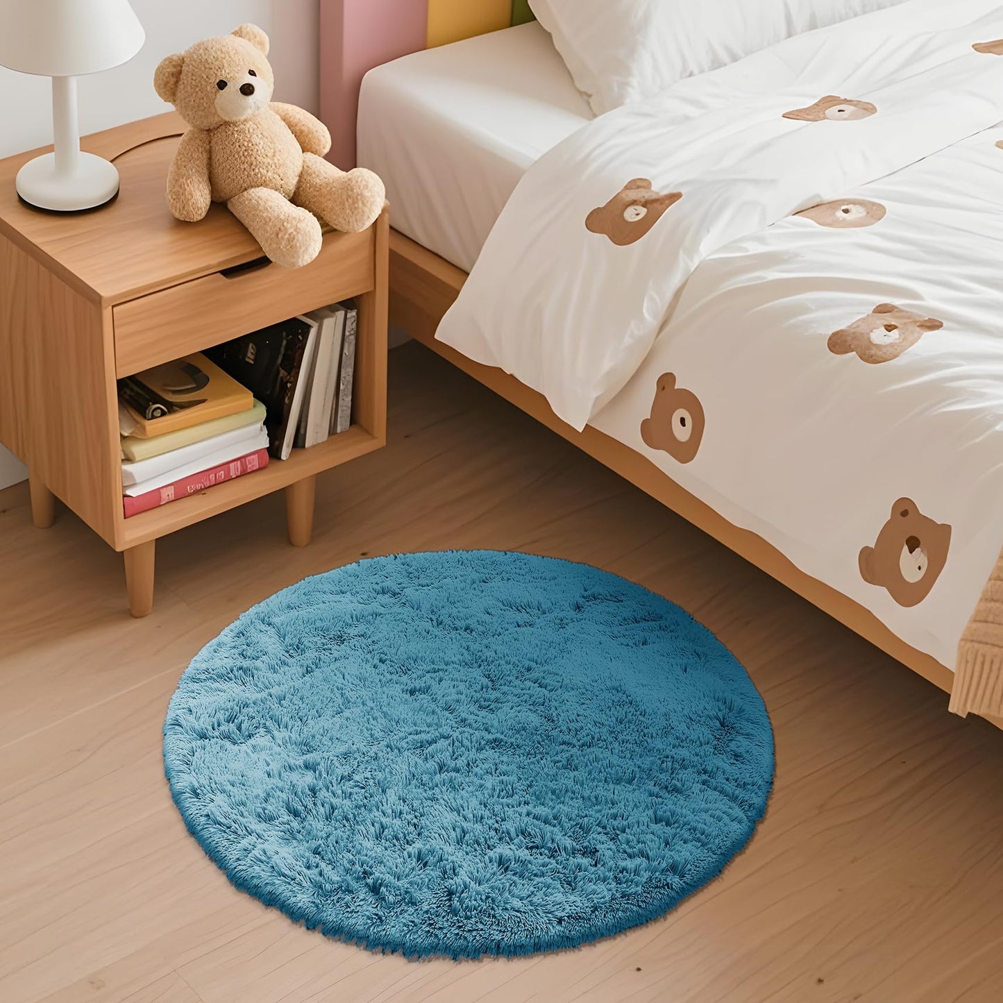 OLANLY Slate Blue Round Rugs for Bedroom - Machine Washable, 2 ft Circle Area Rugs for Living Room, Soft and Fluffy Shaggy Carpet for Teen Girl and Boys, Nursery Rooms, Dorms, Home Decor Aesthetic