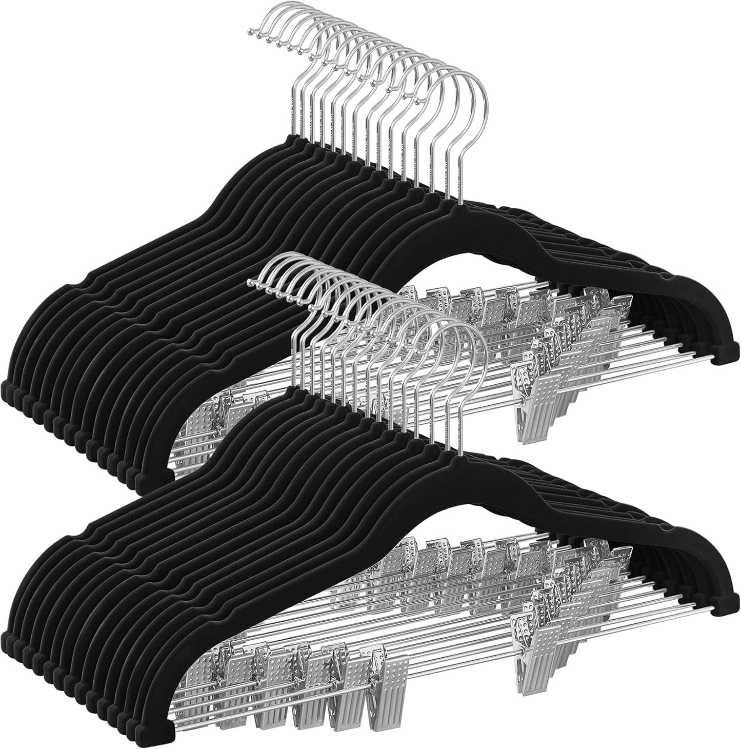 SONGMICS Velvet Pants Hangers - 30 Pack, 16.7 Inches, Adjustable Clips, Non-Slip, Space-Saving, Black