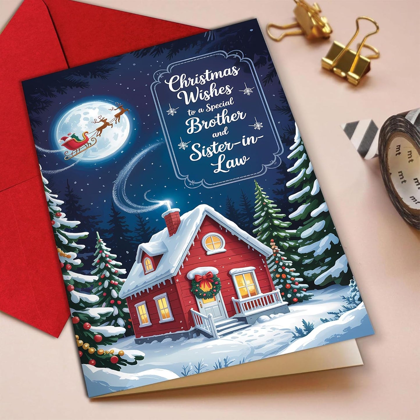 Regine Switzerland Christmas Card - Cozy Winter Cottage Design for Brother & Sister-in-Law | 5.3''x8'' with Red Envelope