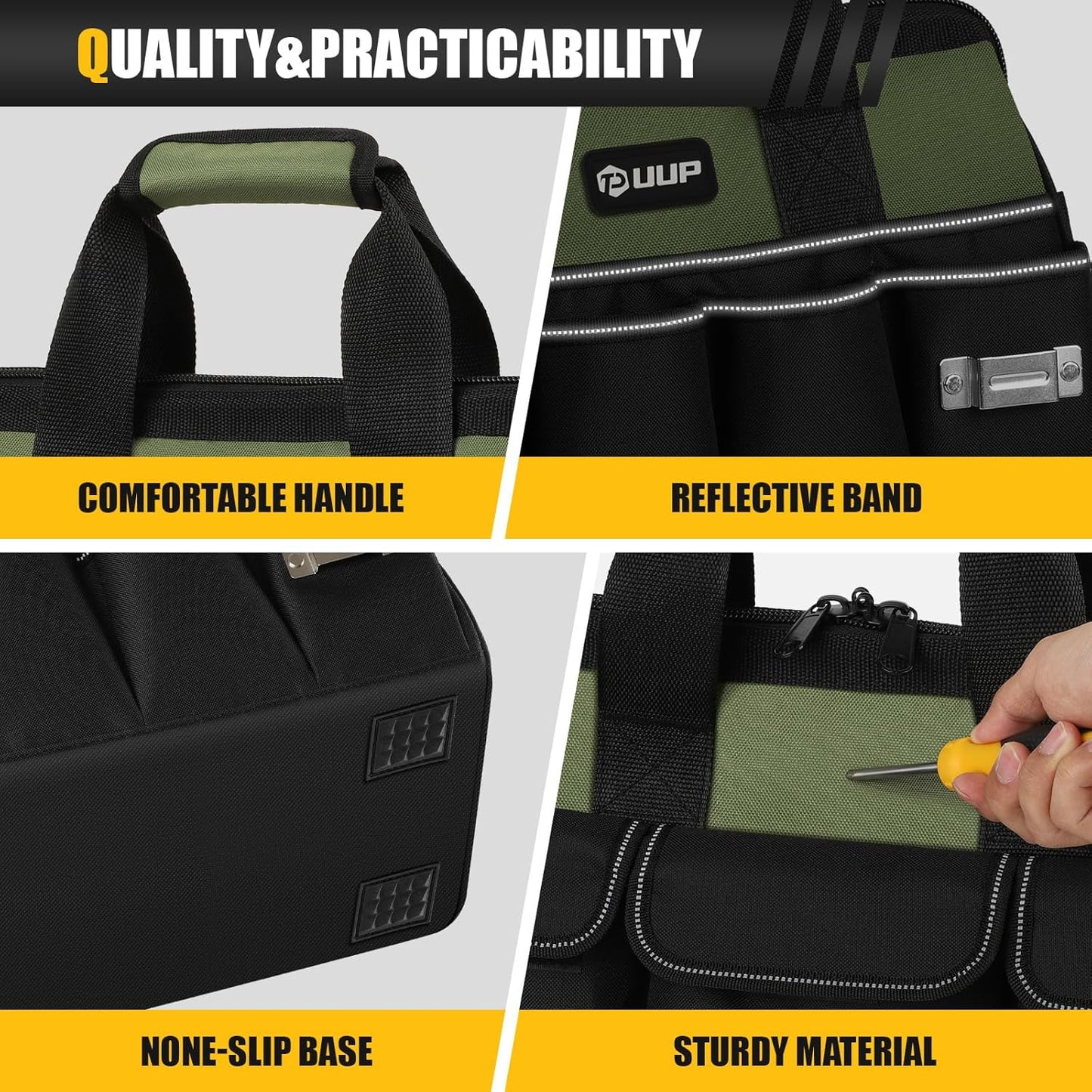 UUP Heavy Duty Tool Bag - 15-Inch 16-Pocket Organizer | Portable Storage with Soft Handle - Green