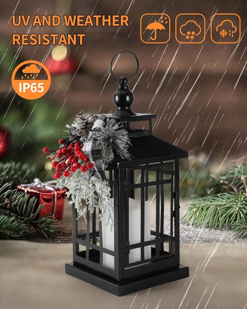 iStatue Black Metal Christmas Lantern - Flameless Candle Decor for Modern Farmhouse | 14" Indoor/Outdoor Holiday Gift