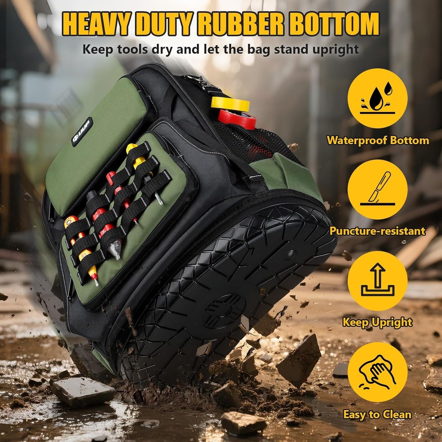 UUP Heavy Duty Tool Backpack - Large Waterproof Organizer with Molded Hard Bottom | Ideal for Technicians & Contractors