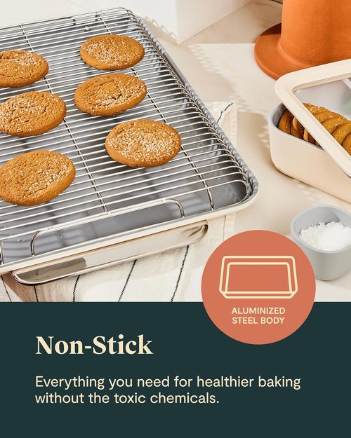 Caraway Nonstick Ceramic Bakeware Set - 11 Pieces with Assorted Pans & Cooling Rack - Non-Toxic, PTFE & PFOA Free - Cream