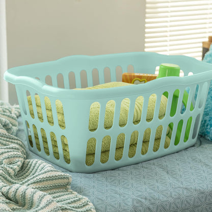 Sterilite 1.5 Bushel Laundry Basket - Classic Plastic Design for Easy Carrying | White & Aqua, 12-Pack