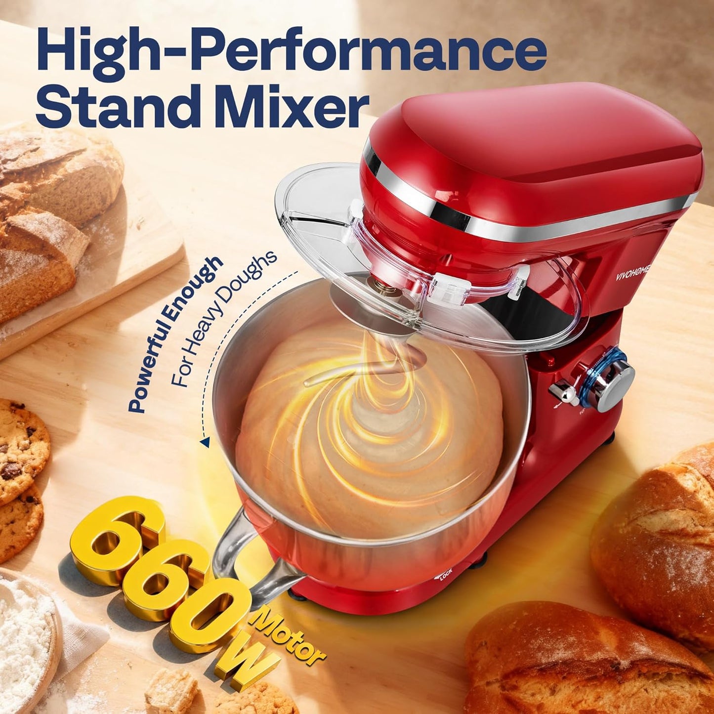 VIVOHOME Stand Mixer - 660W 10-Speed 6 Quart Tilt-Head Kitchen Electric Food Mixer, Red