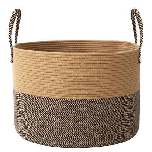 JMvicyroam 115L Extra Large Blanket Basket for Living Room - Woven Cotton Rope Laundry Hamper with Reinforced Handles - Storage Bin for Pillows, Comforters & Toys - Machine Washable,Jute&Black
