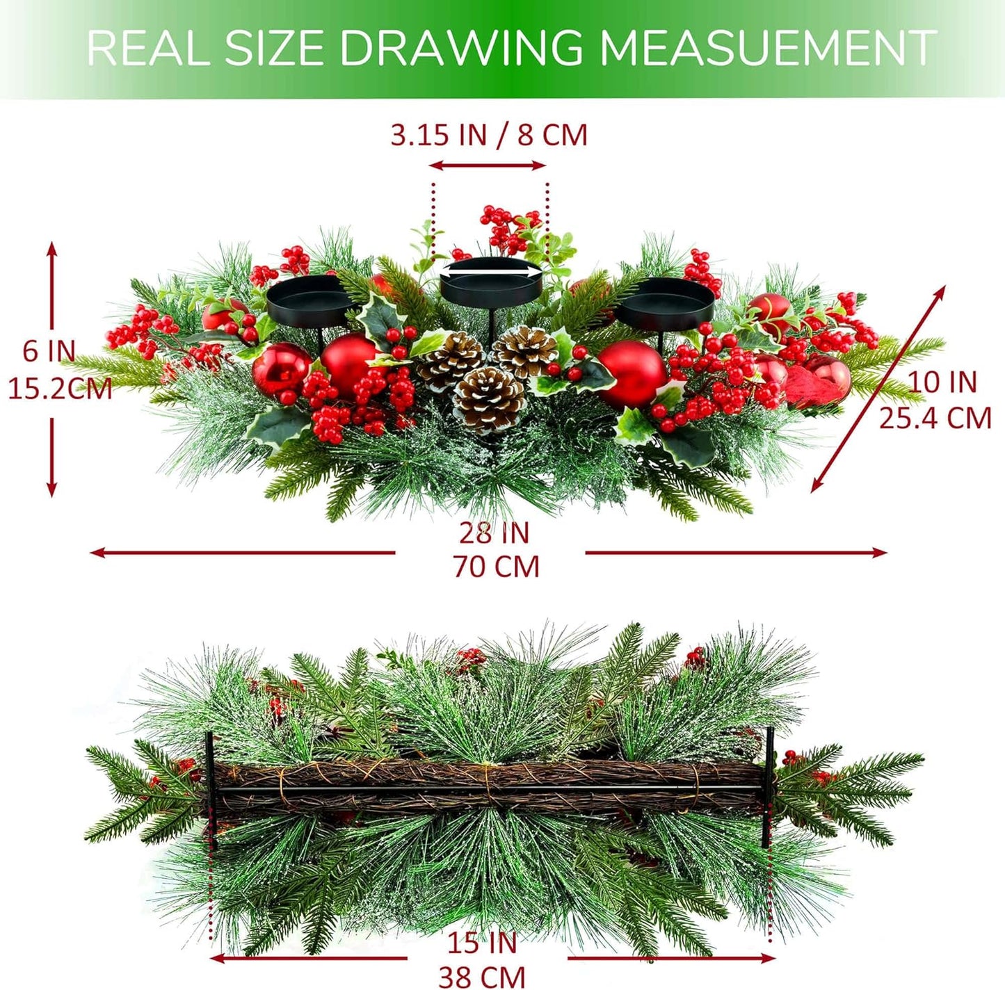 YULETIME Christmas Triple Candelabrum - Holiday Candle Holder with Red Baubles & Natural Pine Decor