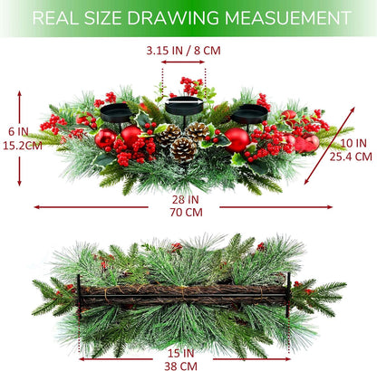 YULETIME Christmas Triple Candelabrum - Holiday Candle Holder with Red Baubles & Natural Pine Decor