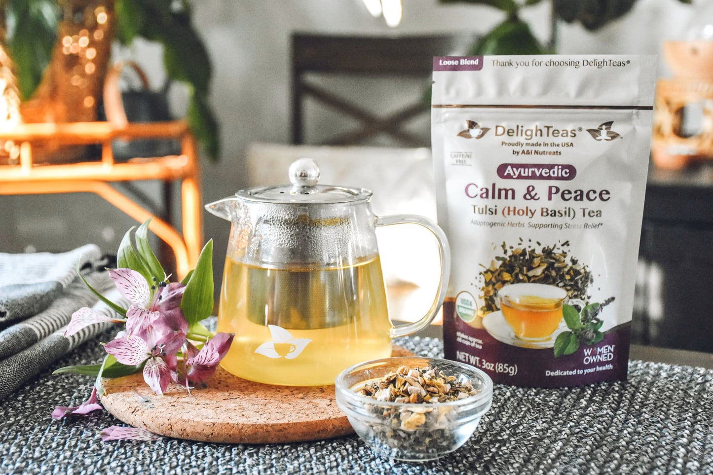 DelighTeas Organic Calm & Peace Tulsi Holy Basil Tea | Ayurvedic Loose Leaf Tulsi, Ashwagandha and Licorice Tea | Adaptogen Blend | USDA Organic, Non-GMO, Caffeine Free, Sugar Free | 40 Servings, 3 oz