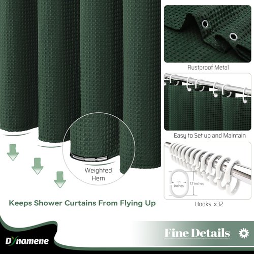 Dynamene Extra Wide Shower Curtain - 180 Inch Wide Waffle Weave Weighted Thick Cloth Bathroom Shower Curtain, Neutral Heavy Duty Hotel Bath Curtain Set with 32 Plastic Hooks, 180x72, Dark Green