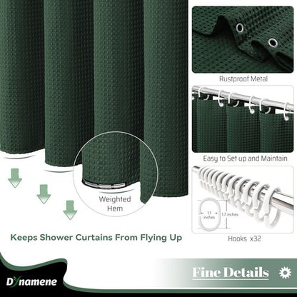 Dynamene Extra Wide Shower Curtain - 180 Inch Wide Waffle Weave Weighted Thick Cloth Bathroom Shower Curtain, Neutral Heavy Duty Hotel Bath Curtain Set with 32 Plastic Hooks, 180x72, Dark Green