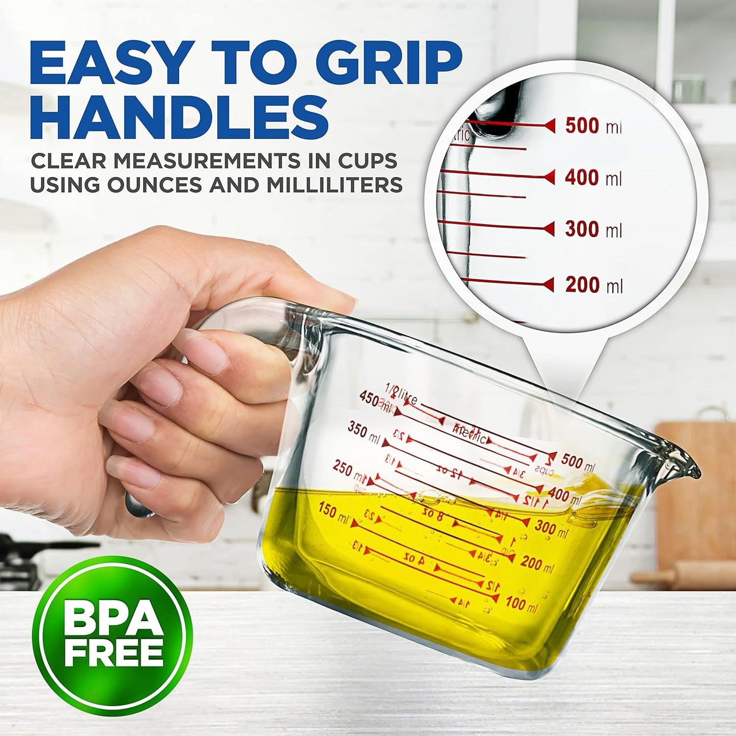 NutriChef Measuring Cups Set - BPA-Free Borosilicate Glass with Handle | Precise Measurement in 250ml, 500ml & 1000ml