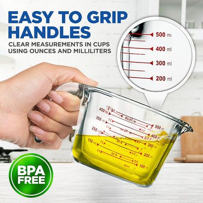 NutriChef Measuring Cups Set - BPA-Free Borosilicate Glass with Handle | Precise Measurement in 250ml, 500ml & 1000ml