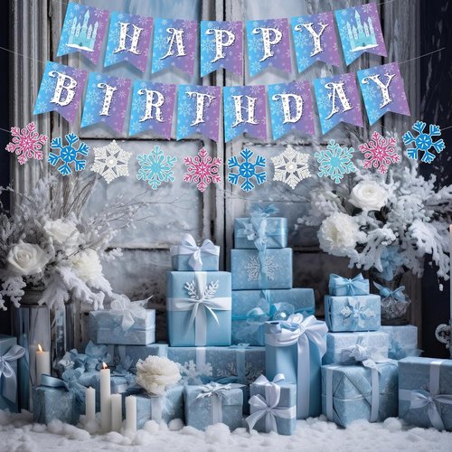 Fanfanwin Snowflake Birthday Banner Set - 5 Pcs Blue Felt Castle Decorations for Winter Celebrations