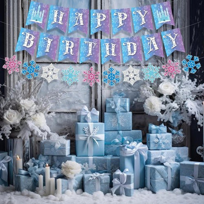 Fanfanwin Snowflake Birthday Banner Set - 5 Pcs Blue Felt Castle Decorations for Winter Celebrations