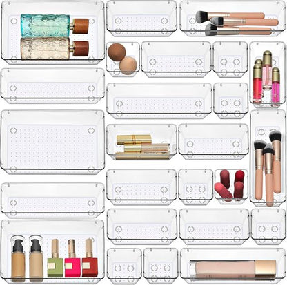 Masirs Clear Drawer Organizers Set - 25 PCS Modular Plastic Storage Bins for Desk, Kitchen & Bathroom