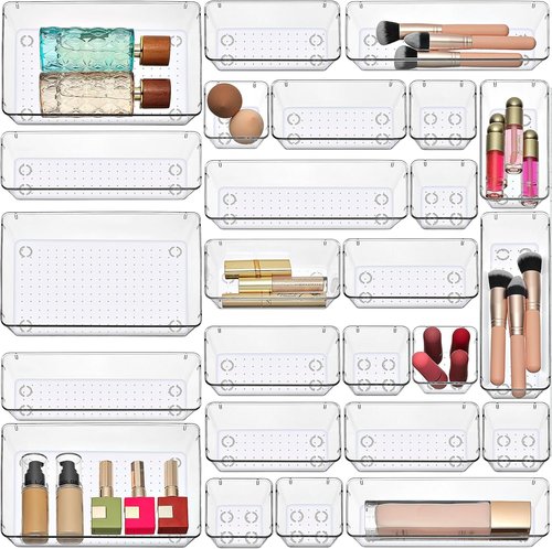 Masirs Clear Drawer Organizers Set - 25 PCS Modular Plastic Storage Bins for Desk, Kitchen & Bathroom