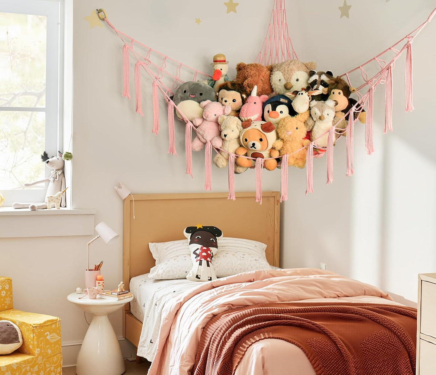 Skiennix Stuffed Animal Storage Hammock - Pink Corner Net for Cute Toy Organization | Boho Decor