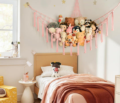 Skiennix Stuffed Animal Storage Hammock - Pink Corner Net for Cute Toy Organization | Boho Decor