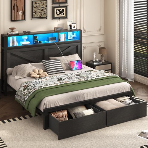 Incyneva Full Bed Frame - Farmhouse Design with Bookcase Storage, Charging Station & LED Light - Black
