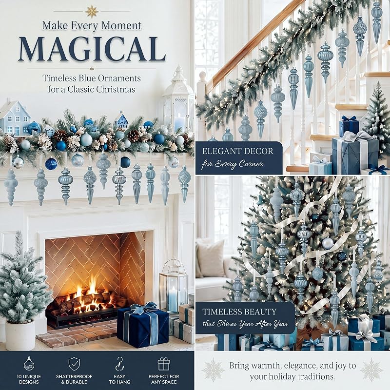 Blue Velvet Christmas Ornament 10-Piece Set - 5.71in Matte/Glitter/Flocked Design, Neutral Holiday Decor (Variation: Blue+10)