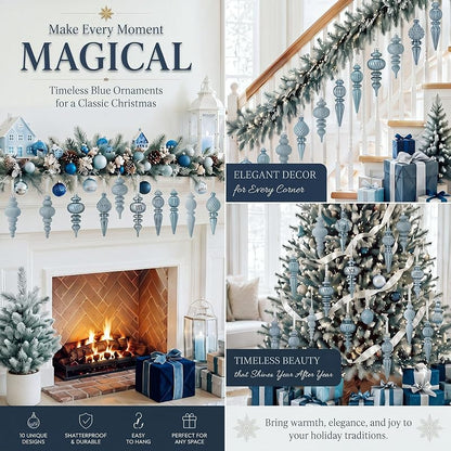 Blue Velvet Christmas Ornament 10-Piece Set - 5.71in Matte/Glitter/Flocked Design, Neutral Holiday Decor (Variation: Blue+10)