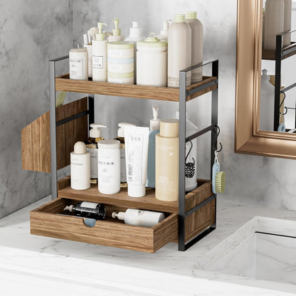 Skiennix 2-Tier Bathroom Counter Organizer - Stylish Wood Storage with Drawer & Basket | Dark Brown