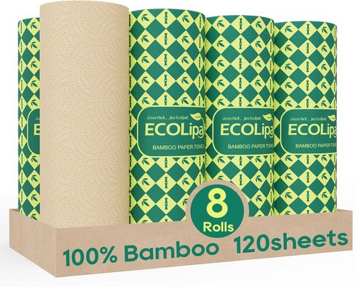 ECOlipak Paper Towels - Soft & Absorbent 2-Ply Kitchen Towels | 8 Rolls, Plastic-Free & Compostable