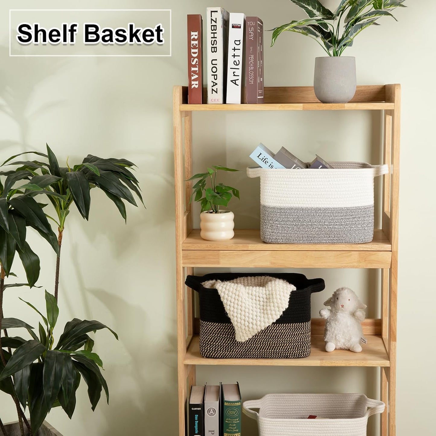 OIAHOMY Woven Storage Basket - Rectangle Cotton Rope Organizer for Toys, Towels, Books | 13 x 10 x 9 in, Black & Brown
