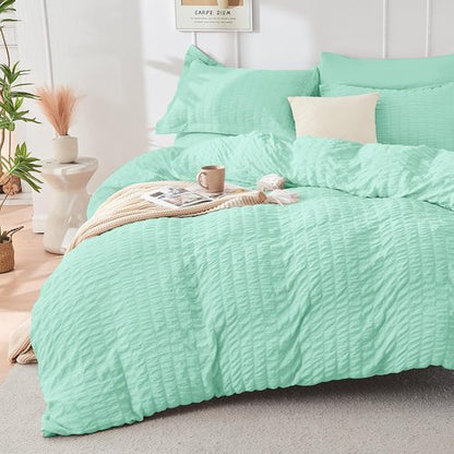 HYMOKEGE Queen Comforter Set - Mint Green Seersucker 7-Piece Luxury Bedding | All-Season Bed in a Bag