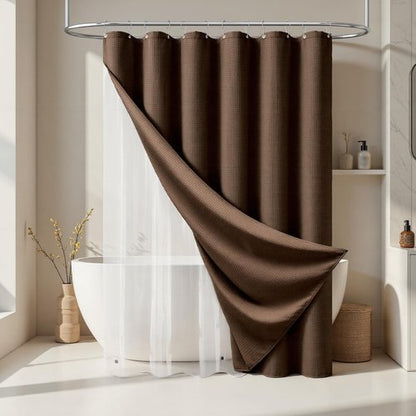 Dynamene Stall Shower Curtain and Liner Set - 36 x 72 inch Half Waffle Fabric, Narrow Waterproof Clear Liner, Heavy Duty Weighted Hotel Luxury Cloth Shower Curtains for Bathroom with 6 Hooks, Brown