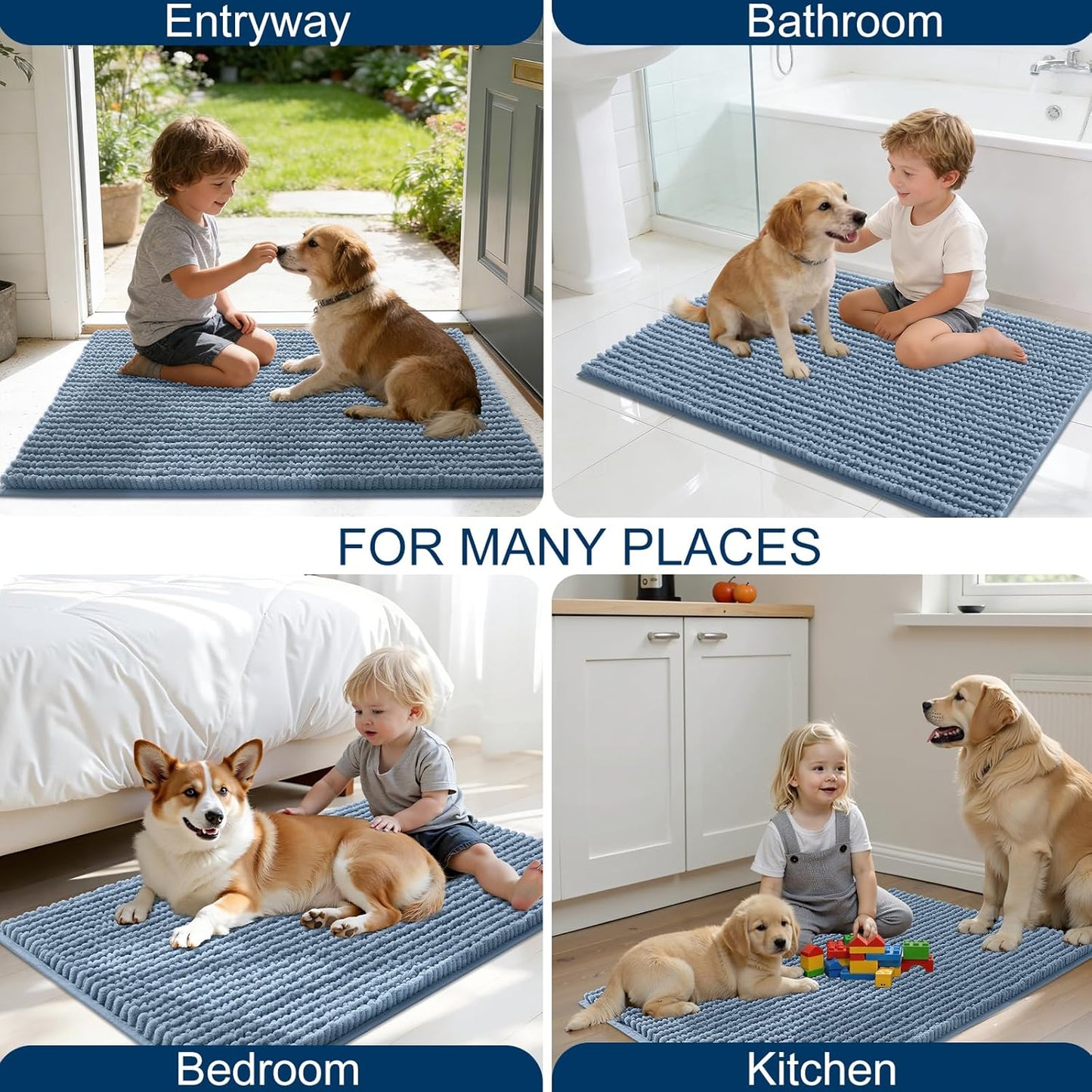 OLANLY Dog Door Mat - Ultra Absorbent Chenille Mud Doormat | Non-Slip & Washable 24x16, Airy Blue