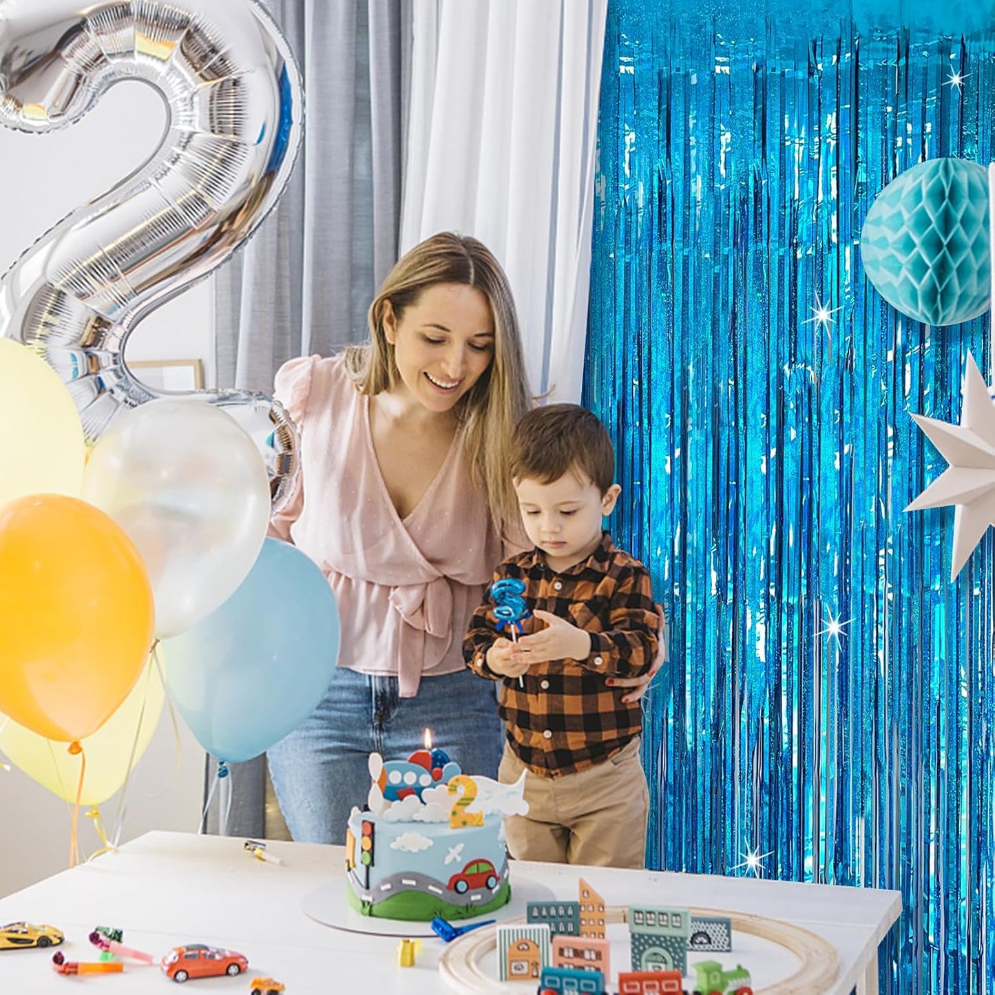 Skiennix Tinsel Curtain Backdrop - Blue Glitter Foil Fringe for Birthday, Wedding & Holiday Decor | 2 Packs