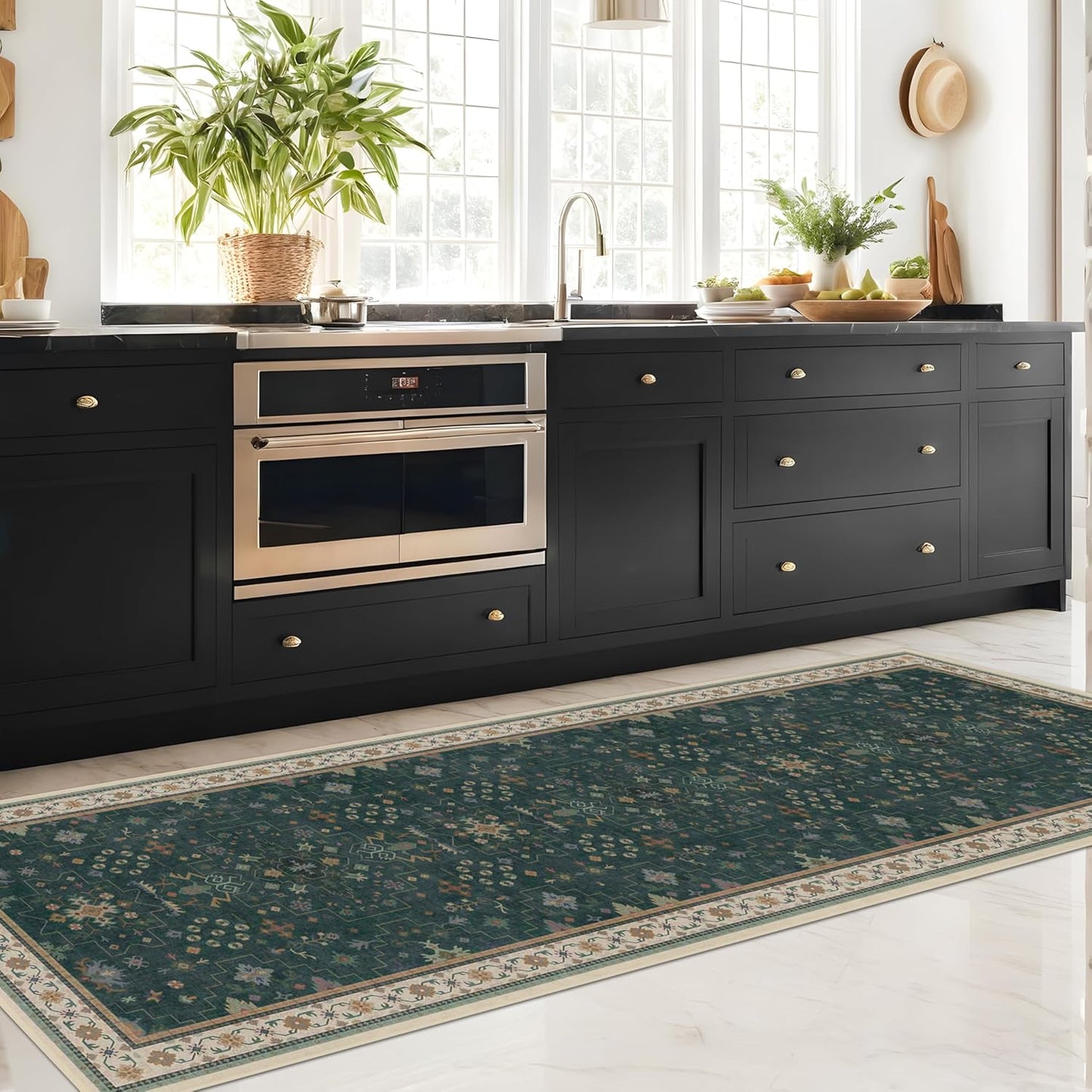 Regine Switzerland Dark Green Washable Kitchen Runner Rug - 2'6"x8' Non-Slip Rubber Backing, Stain Resistant