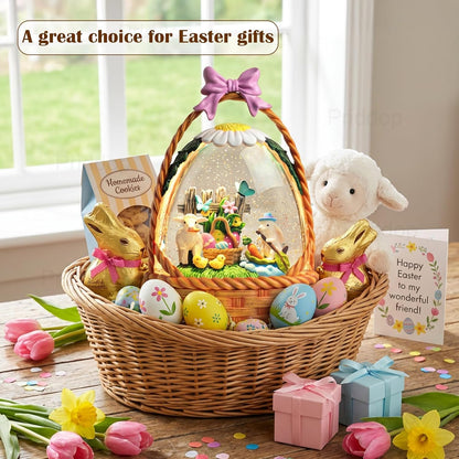 Priddop Easter Bunny Snow Globe | 9.5-Inch Decorative Basket with Glittering Snowfall & Timer