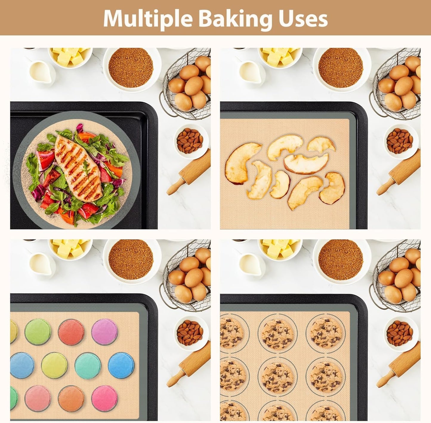 Skiennix Silicone Baking Mat Set - Nonstick Reusable Pastry & Pizza Mats | 6-Piece Baking Supplies