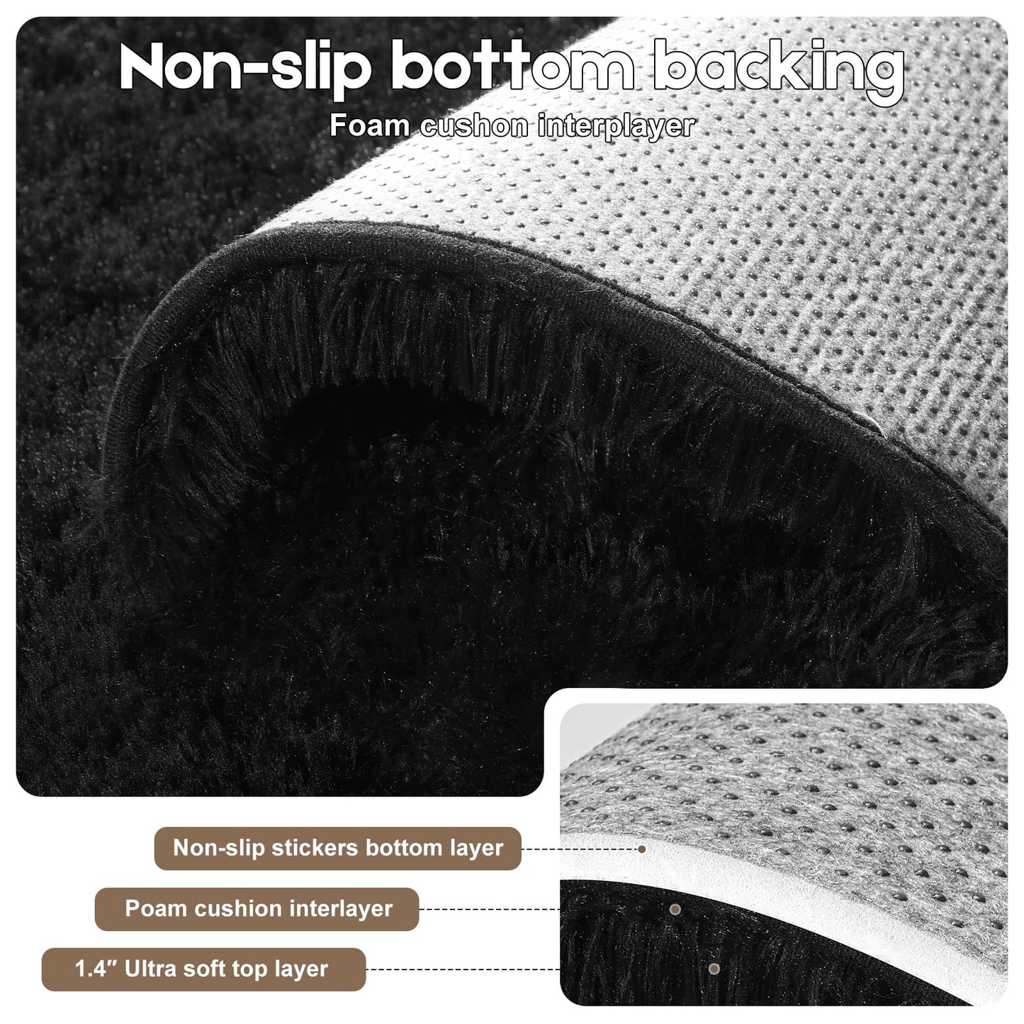 Mhyup 2x3 Black Rug for Bedroom Living Room, Fluffy Small Area Rug Soft Shag Carpet for Kids Boys and Girls Room with 4 Rugs Non-Slip Stickers Dorm Home Decor (2ft x 3ft)
