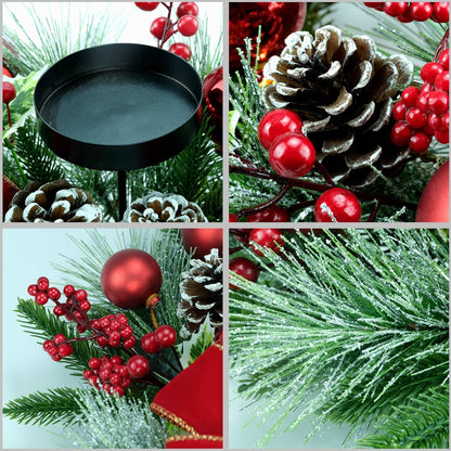 YULETIME Christmas Triple Candelabrum - Holiday Candle Holder with Red Baubles & Natural Pine Decor