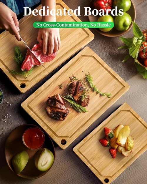 **Skiennix Kitchen Cutting Board Set - 3-Piece Wooden Boards with Juice Groove & Handles | Natural Finish**