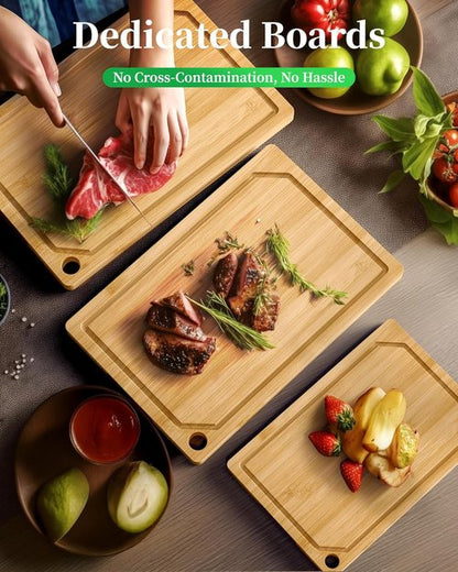 **Skiennix Kitchen Cutting Board Set - 3-Piece Wooden Boards with Juice Groove & Handles | Natural Finish**