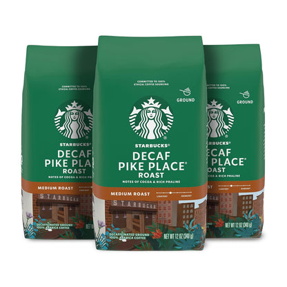Starbucks Ground Coffee - Decaf Pike Place Roast, Medium Roast, 100% Arabica | 3 Bags (12 oz Each)