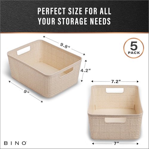 BINO Woven Plastic Basket - Stylish Home Organization, Space-Saving Design | Small Natural 5-Pack