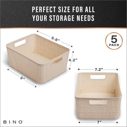 BINO Woven Plastic Basket - Stylish Home Organization, Space-Saving Design | Small Natural 5-Pack