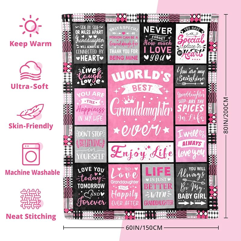 Granddaughter Blanket 60x80 Gift from Grandma, Pink Flannel Throw - Christmas Gift Idea, Variation: Granddaughter Gifts+60x80