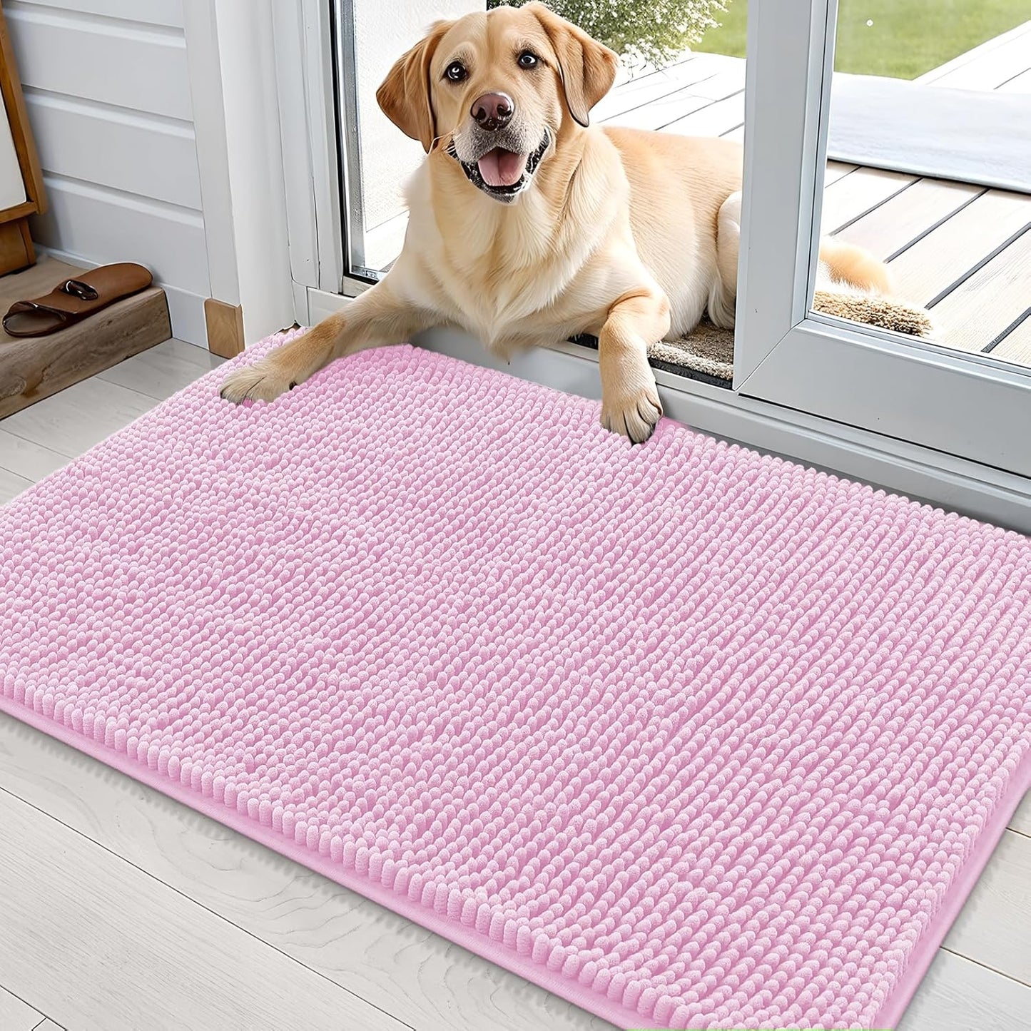 OLANLY Dog Door Mat - Absorbent Non-Slip Washable Doormat for Muddy Paws | 36x24 Pink Chenille Mat