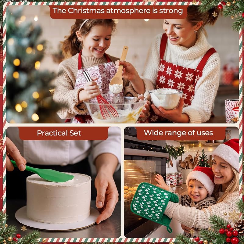 Christmas Pot Holders & Utensil Gift Set – 6 Potholders, 6 Spatulas, 6 Spoons, 6 Gift Bags, Vintage Knit Pattern (Red & Vintage)