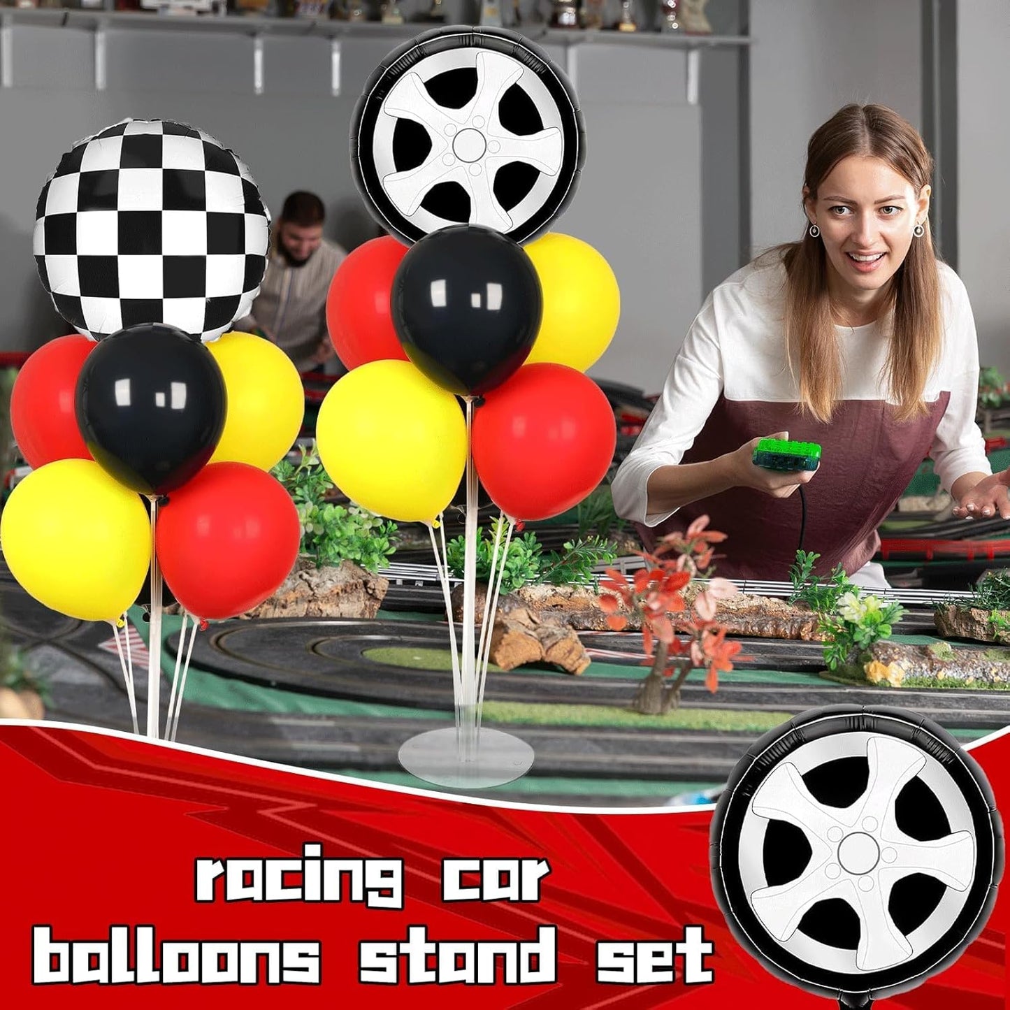Race Car Party Balloons Kit - 2 Sets with Checkered Foil Balloons | Red, Black & Yellow Birthday Decor