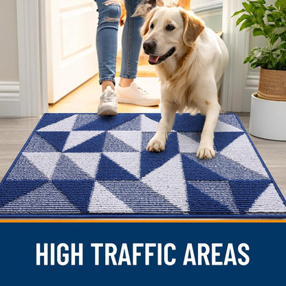 OLANLY Indoor Door Mat - Washable, Odor-Free, Low-Profile Geometric Design | 32x20 Navy Entry Carpet