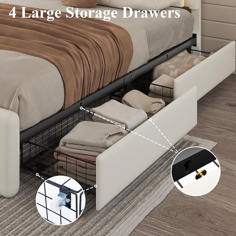 Full Size Bed Frame with 4 Storage Drawers, Upholstered Headboard, White - Variation: White+Full