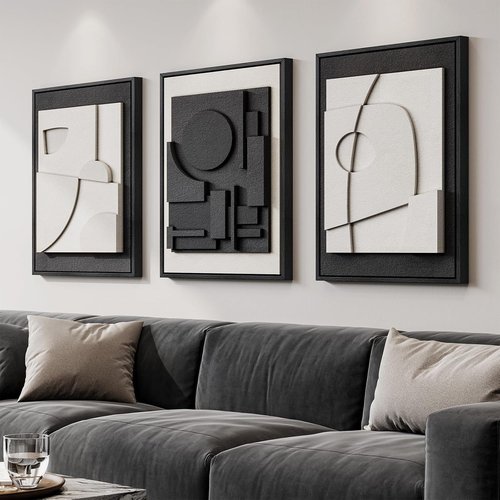 Large 3D Textured Framed Black and White Abstract Wall Art | Modern Minimalist 3-Piece Set for Living Room